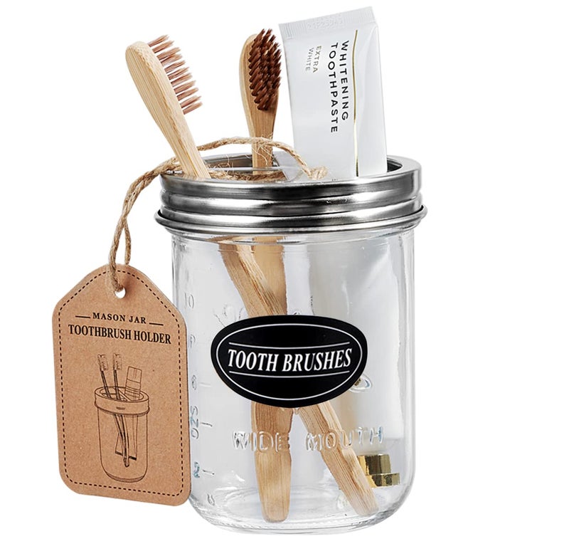 Komashr Mason Jar Toothbrush Holder - Brushed Nickel - with 16 Ounce Ball Mason Jar,Premium Rustproof 304 Stainless Steel Lid and Chalkboard Labels - Rustic Farmhouse Decor Black Bathroom Accessories - Image 2